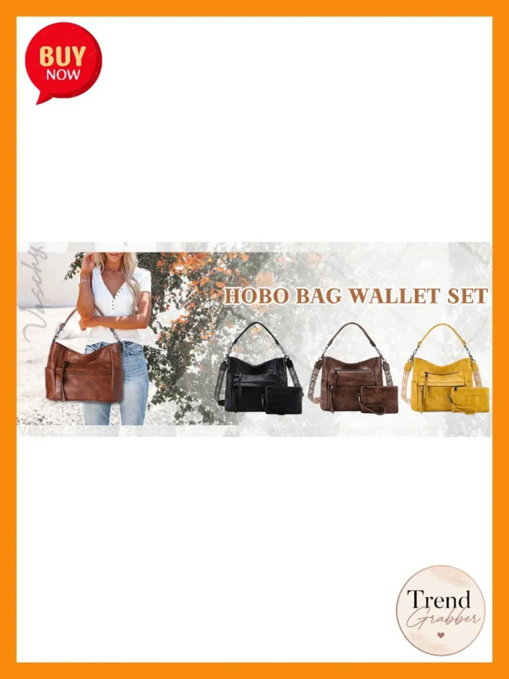 Vegan Leather Hobo Bag with Wallet Set, Tote with Guitar Strap, Medium, Zippered